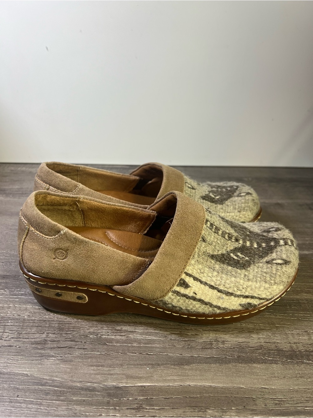 Born Beige Suede & Patterned Wool Clog Mules - Picture 4 of 9